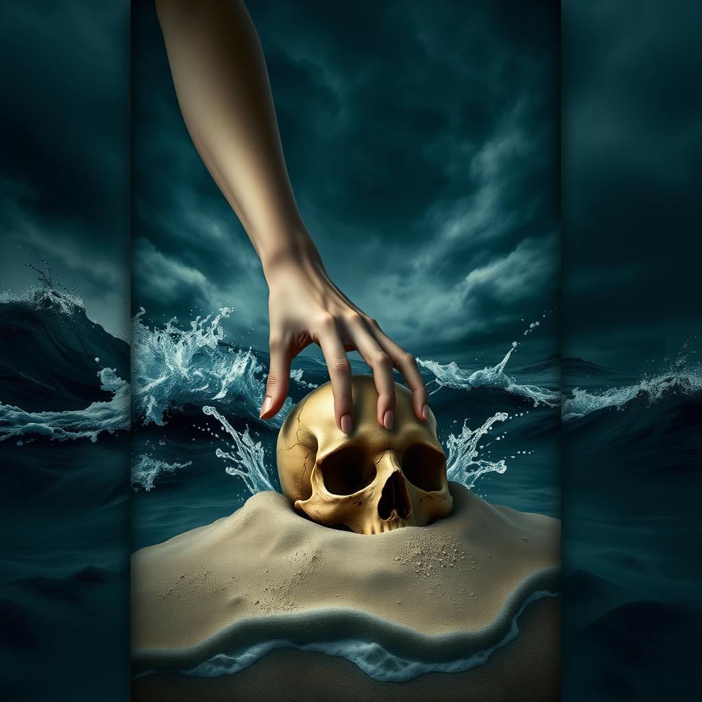 An intriguing book cover featuring a delicate female hand reaching down through the dark, turbulent waters of the ocean to grasp a human skull that is partially buried in the sandy ocean floor