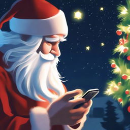 Closeup profile view of an individual looking at their iPhone at night, from which Santa Claus is whimsically climbing out, illuminated by the glow of the screen.