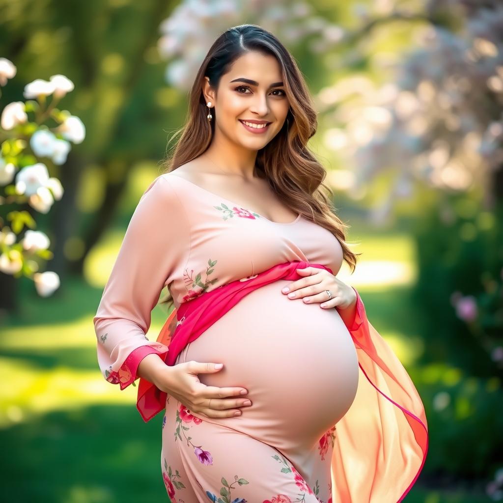 A beautifully styled portrait of a pregnant woman, her gently rounded belly prominent, wearing flowing and colorful maternity clothing that highlights her figure gracefully