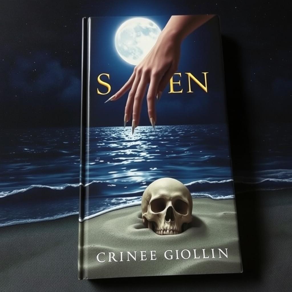 A captivating book cover set at night, featuring a mystical ocean scene illuminated by moonlight