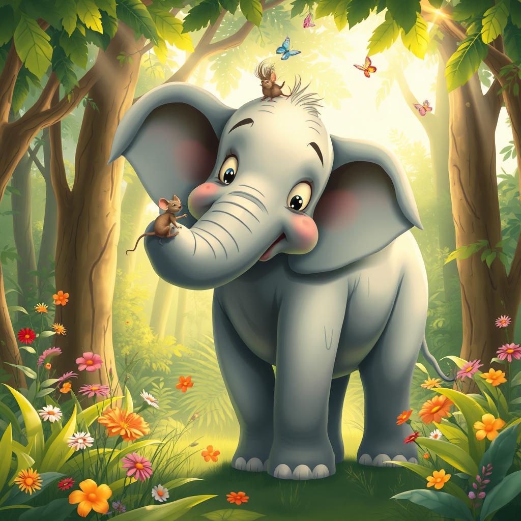A whimsical and adorable scene featuring a giant, friendly elephant and a small, playful mouse