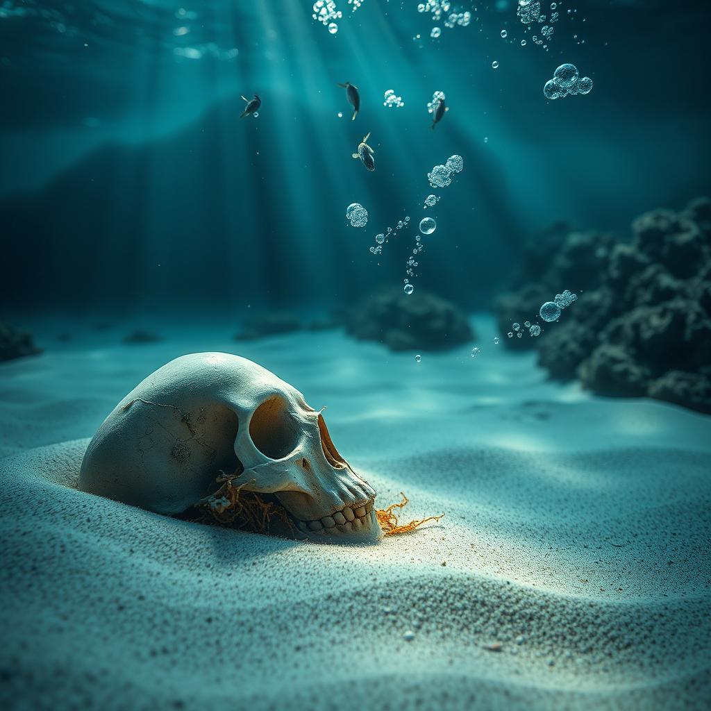 A hauntingly beautiful underwater scene depicting a skull partially buried in soft, fine sand at the ocean's bottom