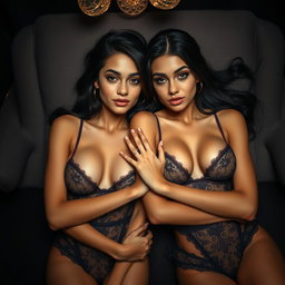 Two young 18-year-old petite brunette Latina-Arabic identical twin sisters with tan skin and small busts, lying closely together in an intimate and elegant low-light fancy room