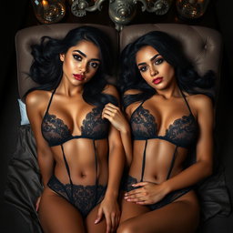 Two young 18-year-old petite brunette Latina-Arabic identical twin sisters with tan skin and small busts, lying closely together in an intimate and elegant low-light fancy room