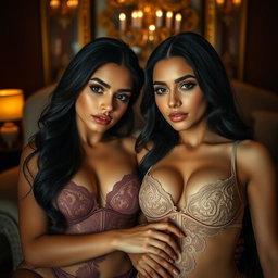 Two young 18-year-old petite brunette Latina-Arabic identical twin sisters with tan skin and small busts, lying closely together in an intimate and elegant low-light fancy room
