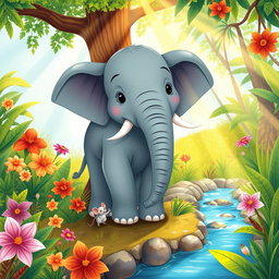 A charming illustration depicting the unique friendship between a large elephant and a tiny mouse