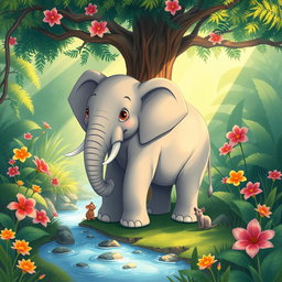 A charming illustration depicting the unique friendship between a large elephant and a tiny mouse