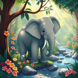 A charming illustration depicting the unique friendship between a large elephant and a tiny mouse