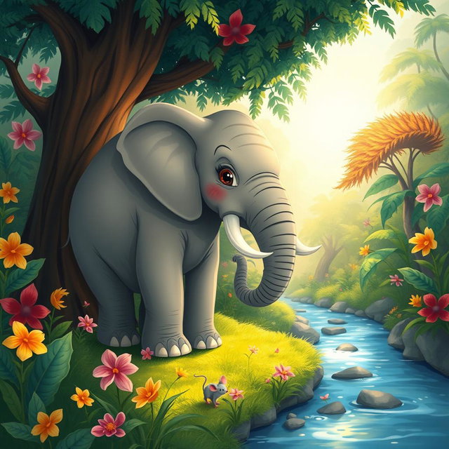 A charming illustration depicting the unique friendship between a large elephant and a tiny mouse