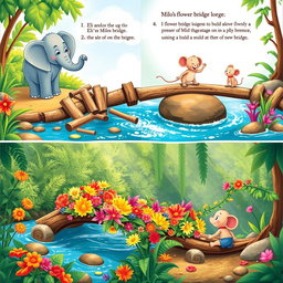 A vibrant and heartwarming sequence of illustrations depicting the adventures of Eli the elephant and Milo the mouse