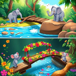 A vibrant and heartwarming sequence of illustrations depicting the adventures of Eli the elephant and Milo the mouse