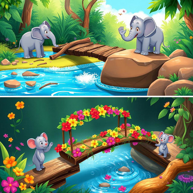 A vibrant and heartwarming sequence of illustrations depicting the adventures of Eli the elephant and Milo the mouse