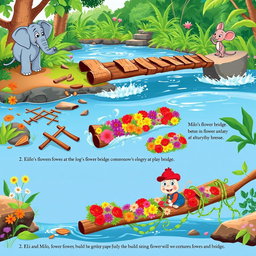 A vibrant and heartwarming sequence of illustrations depicting the adventures of Eli the elephant and Milo the mouse