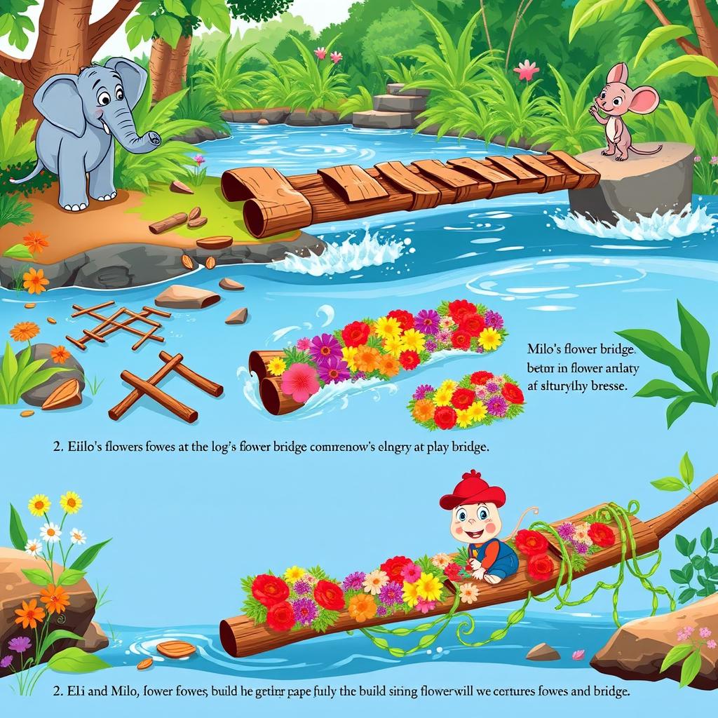 A vibrant and heartwarming sequence of illustrations depicting the adventures of Eli the elephant and Milo the mouse