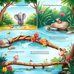 A vibrant and heartwarming sequence of illustrations depicting the adventures of Eli the elephant and Milo the mouse