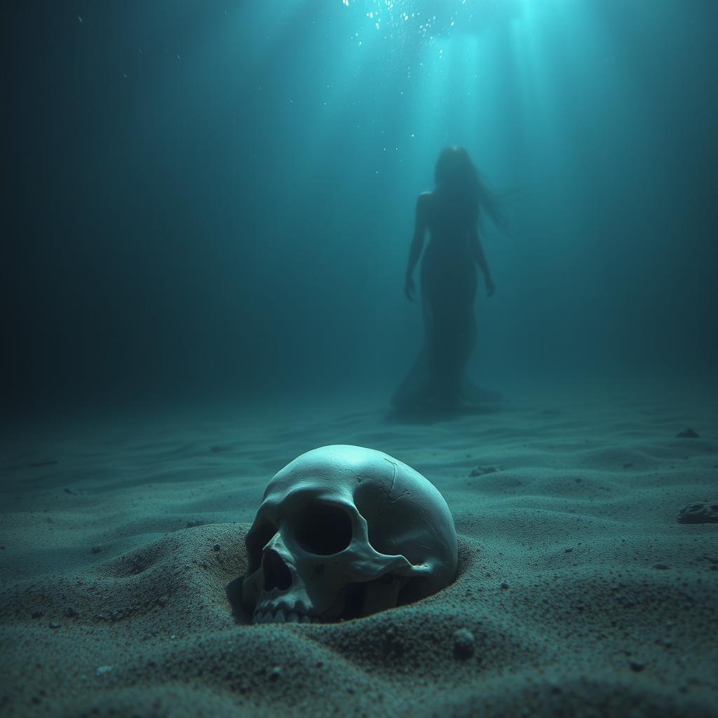 A haunting underwater scene featuring a skull half-buried in the sand at the ocean floor