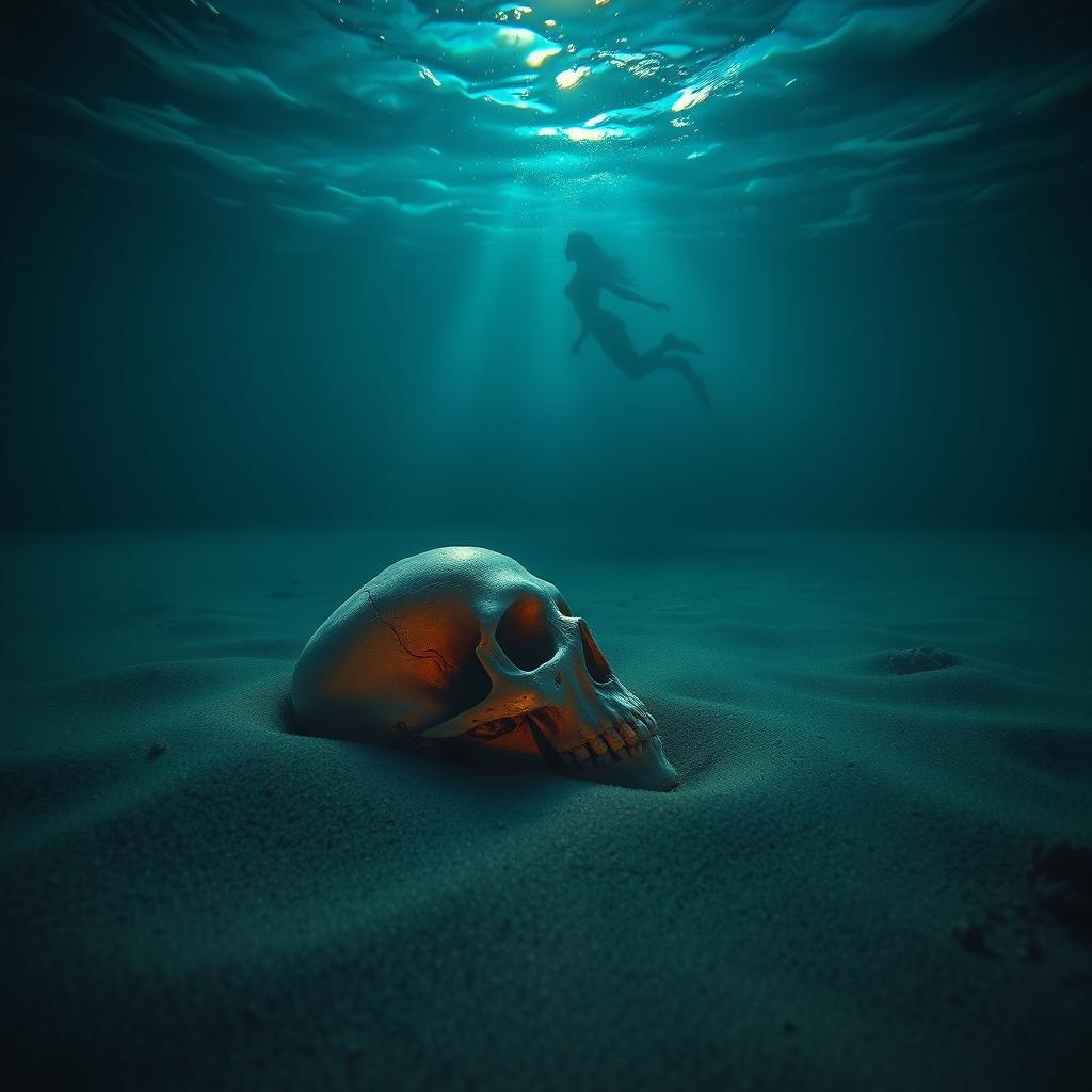 A mesmerizing underwater scene featuring a skull half-buried in the sand at the ocean floor