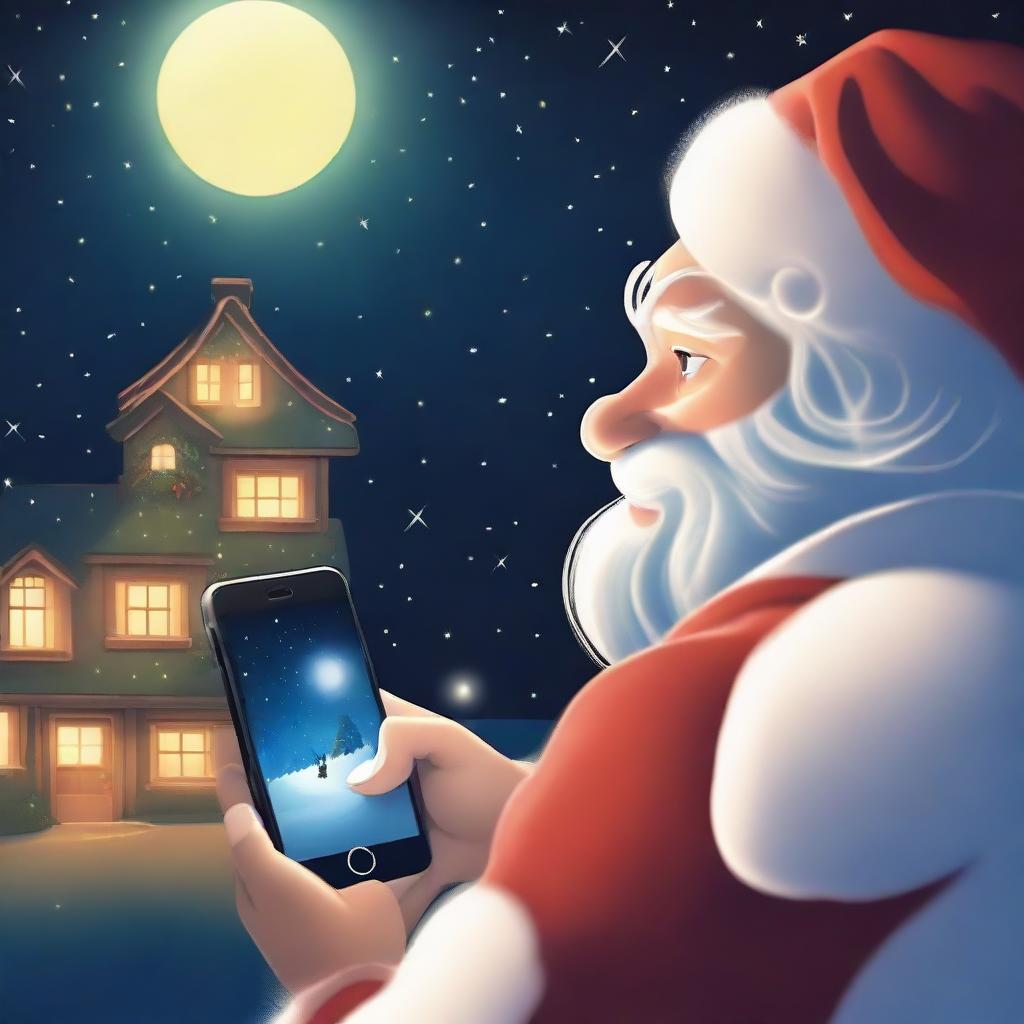 Closeup profile view of an individual looking at their iPhone at night, from which Santa Claus is whimsically climbing out, illuminated by the glow of the screen.