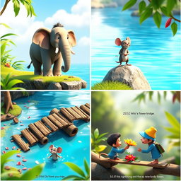 A series of 3D animated images capturing the heartwarming story of Eli the elephant and Milo the mouse, showcasing their adventures