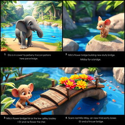A series of 3D animated images capturing the heartwarming story of Eli the elephant and Milo the mouse, showcasing their adventures