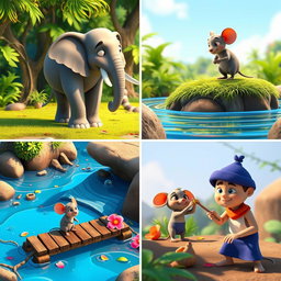 A series of 3D animated images capturing the heartwarming story of Eli the elephant and Milo the mouse, showcasing their adventures