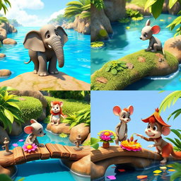 A series of 3D animated images capturing the heartwarming story of Eli the elephant and Milo the mouse, showcasing their adventures