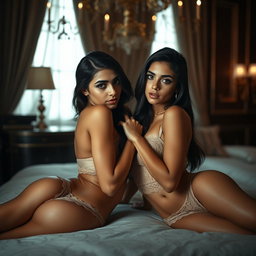 Two young 18-year-old petite brunette Latina-Arabic identical twin sisters with tan skin and small busts, lying closely together in an intimate and elegant low-light fancy room