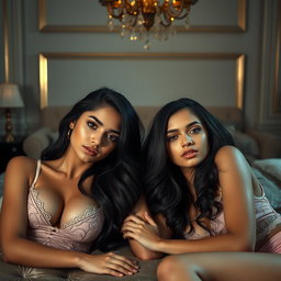 Two young 18-year-old petite brunette Latina-Arabic identical twin sisters with tan skin and small busts, lying closely together in an intimate and elegant low-light fancy room