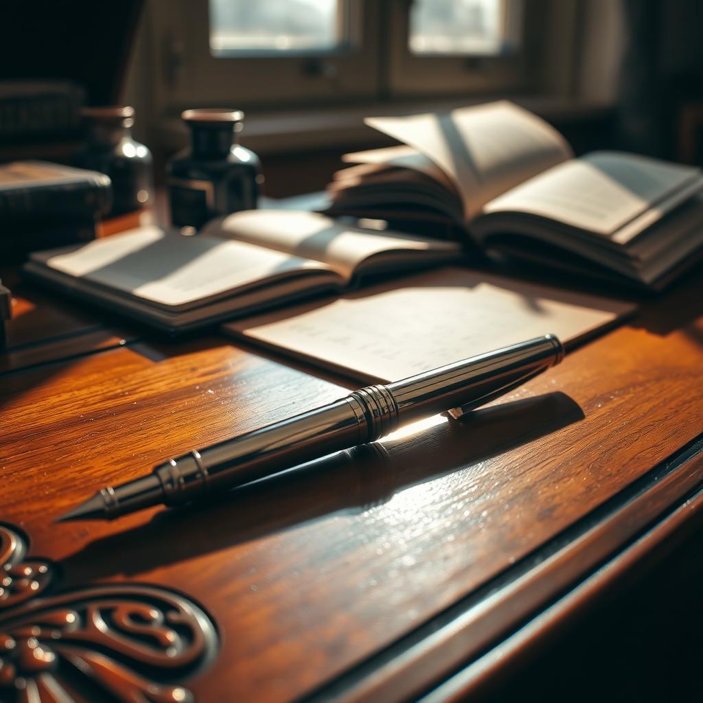 An elegant silver fountain pen resting on a beautifully crafted wooden desk, with intricate designs and a soft warm glow reflecting off its polished surface