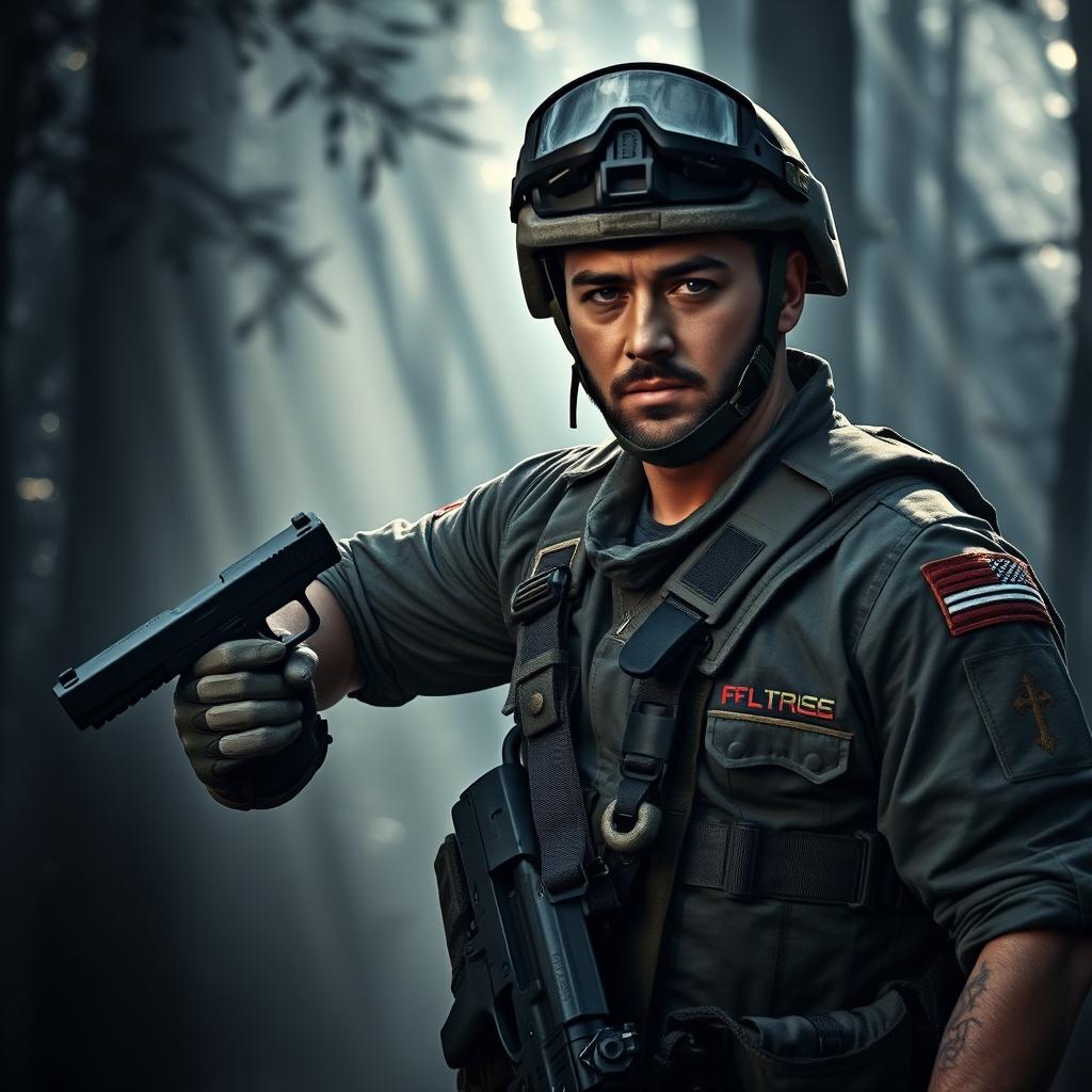 A rugged soldier in tactical gear stands in a confident pose, holding a Glock pistol prominently visible in his right hand