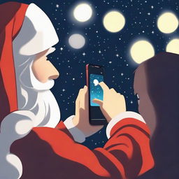 Closeup profile view of an individual looking at their iPhone at night, from which Santa Claus is whimsically climbing out, illuminated by the glow of the screen.