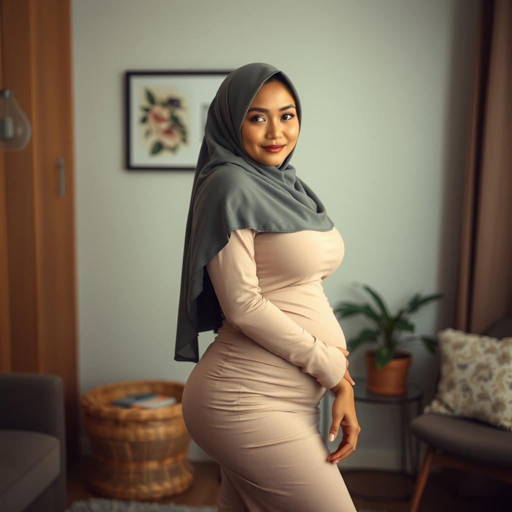 A beautiful Indonesian woman wearing a hijab, with a voluptuous figure, dressed in thin, modest clothing that gently outlines her curves, standing gracefully in the corner of a cozy room