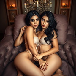 Two young 18-year-old petite brunette Latina-Arabic identical twin sisters with tan skin and small busts, lying closely together in an intimate and elegant low-light fancy room