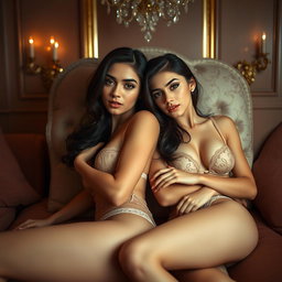 Two young 18-year-old petite brunette Latina-Arabic identical twin sisters with tan skin and small busts, lying closely together in an intimate and elegant low-light fancy room