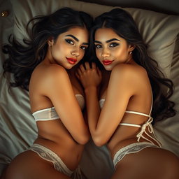Two young 18-year-old petite brunette Latina-Arabic identical twin sisters with tan skin and small busts, lying closely together in an intimate and elegant setting with soft, low light
