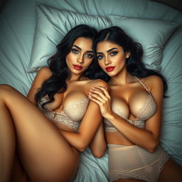 Two young 18-year-old petite brunette Latina-Arabic identical twin sisters with tan skin and small busts, lying closely together in an intimate and elegant setting with soft, low light