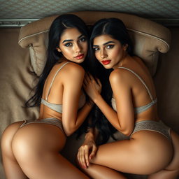 Two young 18-year-old petite brunette Latina-Arabic identical twin sisters, very skinny with tan skin and small busts, lying closely together in an intimate and elegant setting