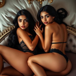 Two young 18-year-old petite brunette Latina-Arabic identical twin sisters, very skinny with tan skin and small busts, lying closely together in an intimate and elegant setting