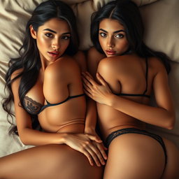 Two young 18-year-old petite brunette Latina-Arabic identical twin sisters, very skinny with tan skin and small busts, lying closely together in an intimate and elegant setting
