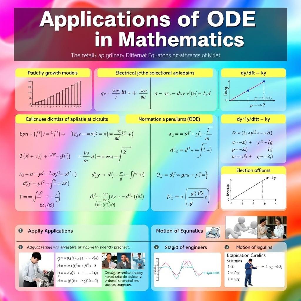 An educational poster illustrating the Application of Ordinary Differential Equations (ODE) in mathematics