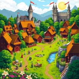A vibrant pixel art depiction of the Rampart city from the video game Heroes of Might and Magic III