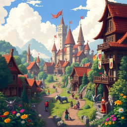 A vibrant pixel art depiction of the Rampart city from the video game Heroes of Might and Magic III