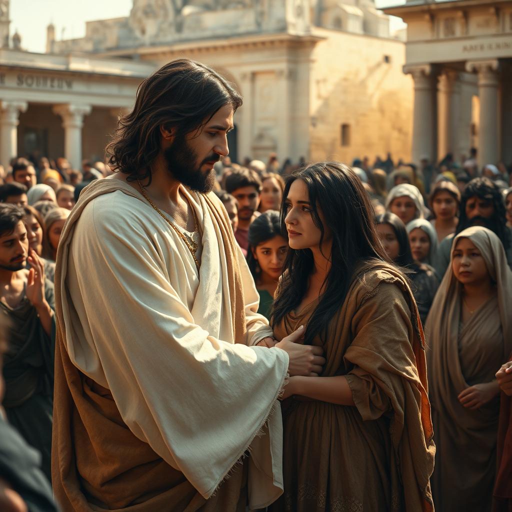 A reimagined scene of Christ and the sinner inspired by Henryk Siemiradzki's iconic painting