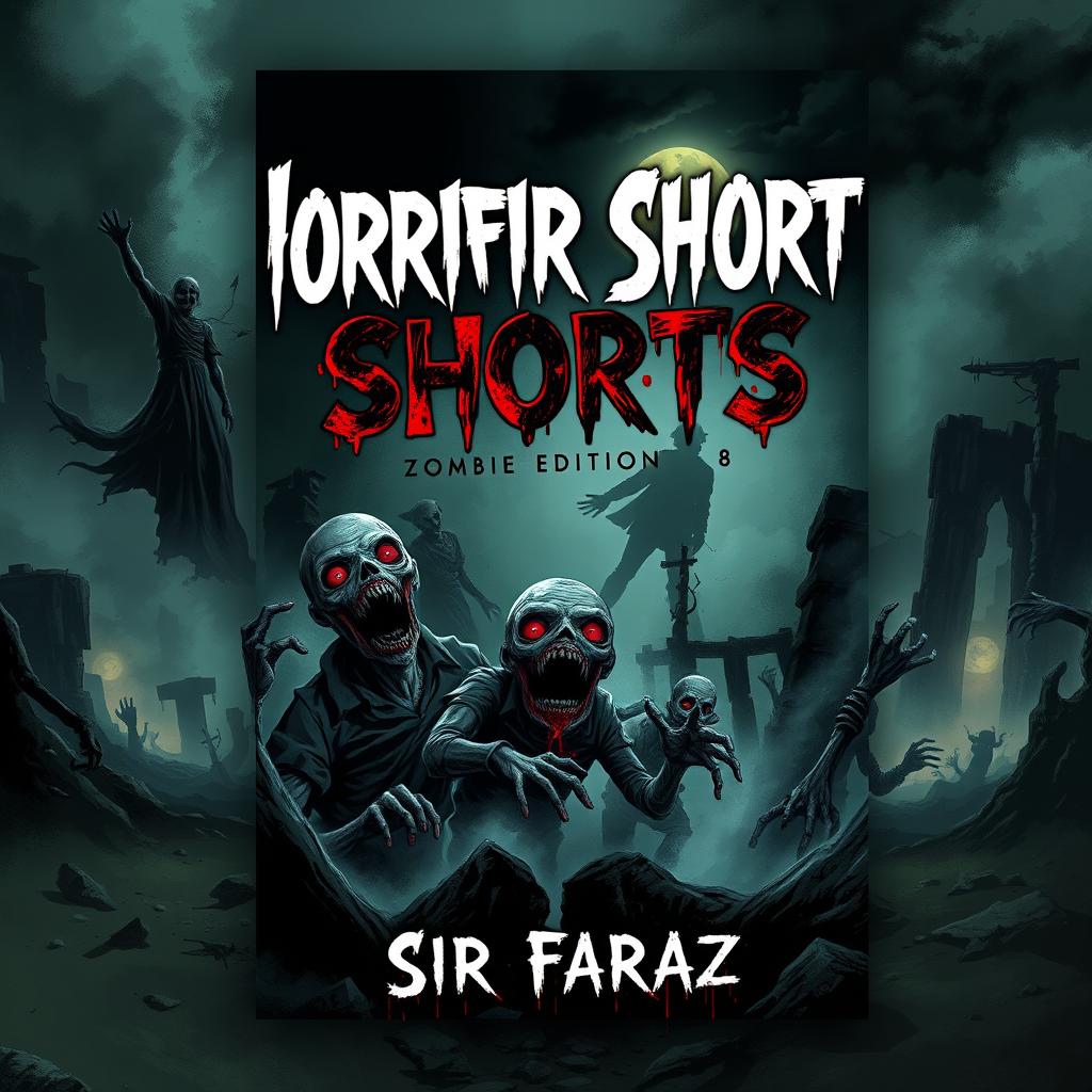 An evocative and spine-chilling book cover for 'Horrific Shorts: Zombie Edition 8' by Sir Faraz