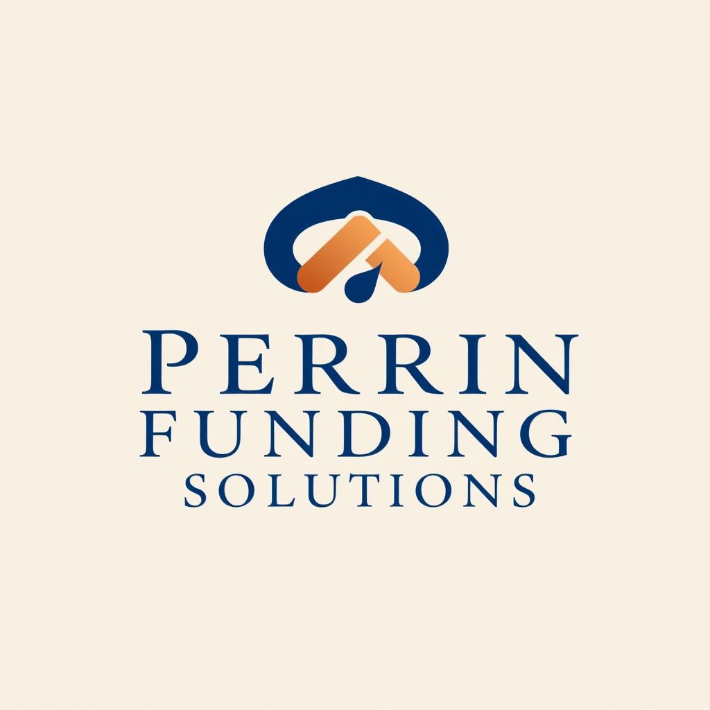 A classic and sophisticated logo for 'Perrin Funding Solutions', featuring a blend of text and an abstract symbol