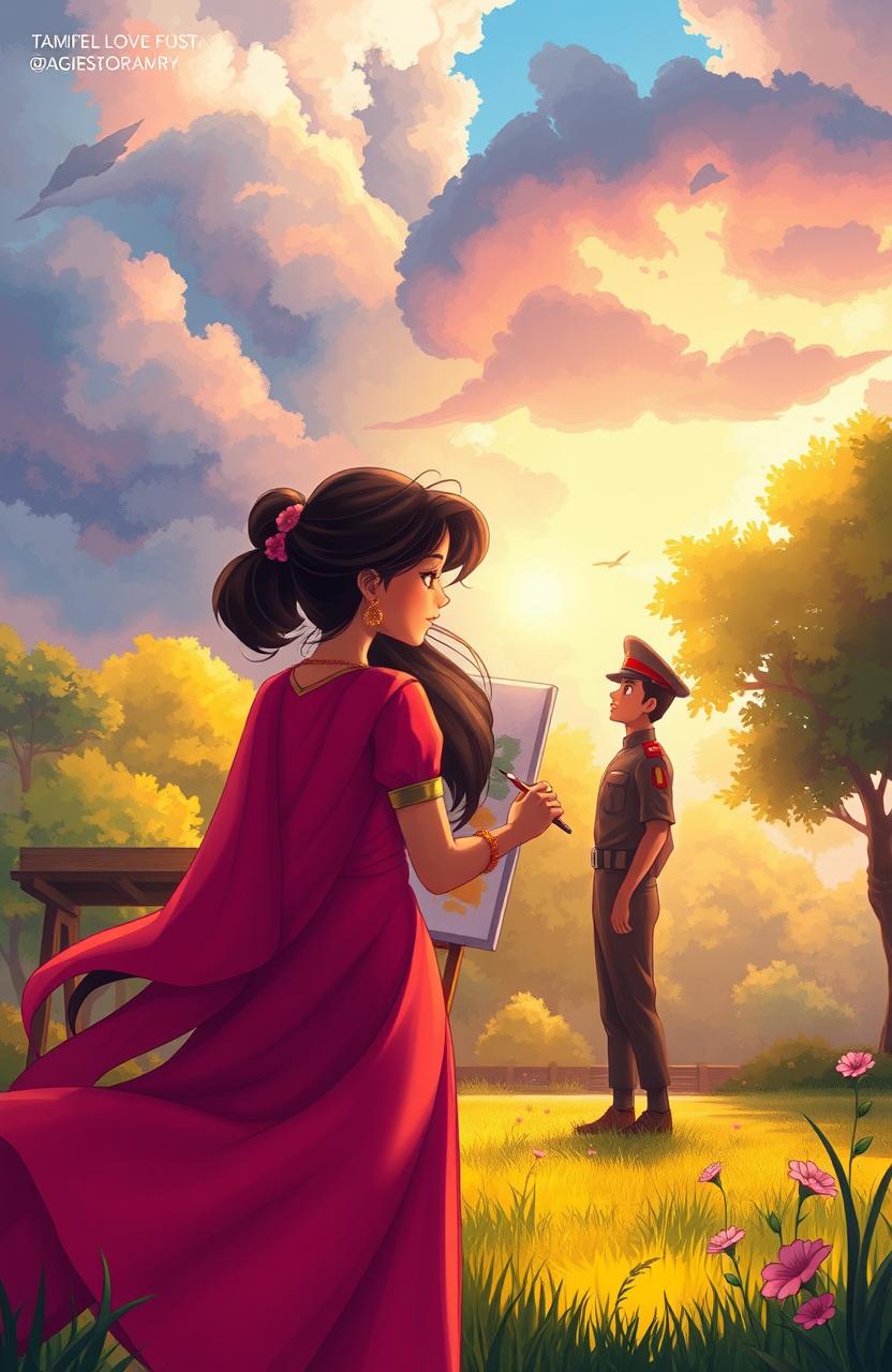 A heartfelt and emotional love story illustration capturing the essence of Ishani, a passionate and talented girl with flowing hair, artistically painting in a sunlit park