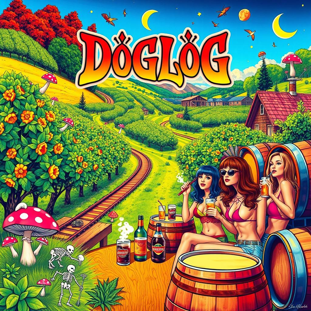 A vibrant and colorful psychedelic rock poster for the band DØGLÈG, featuring a whimsical and surreal design