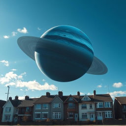 On Earth, there are five-story panel houses under a bright blue sky with sparse clouds