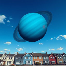 On Earth, there are five-story panel houses under a bright blue sky with sparse clouds