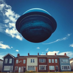 On Earth, there are five-story panel houses under a bright blue sky with sparse clouds